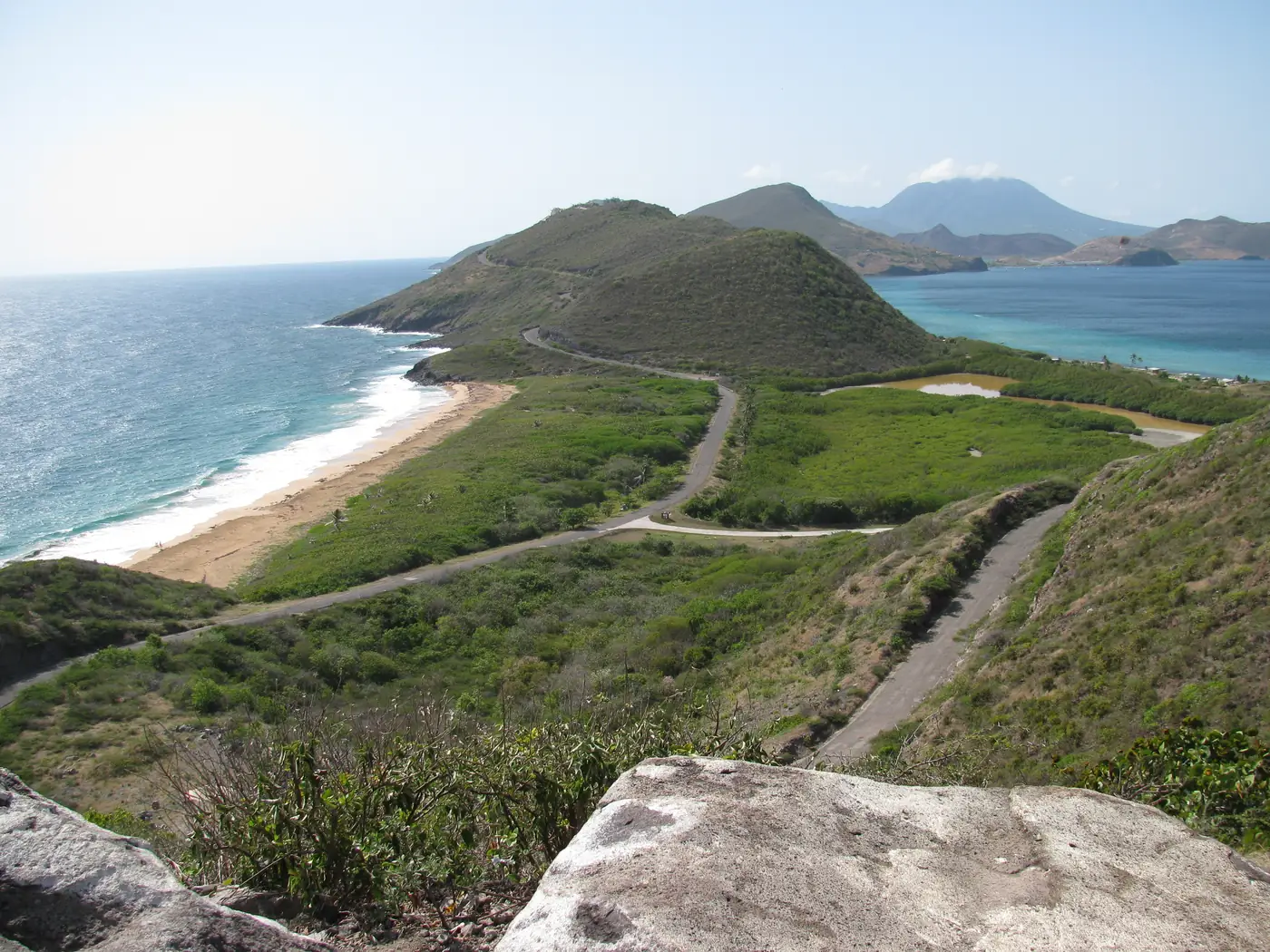 View from Timothy Hill over the narrow neck of St Kitts between the Atlantic and the Caribbean